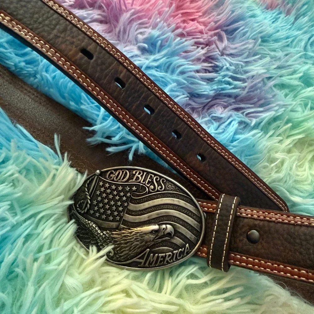 Ariat Leather Belt Mens 32 Patriotic Eagle Nocona God Bless America belt buckle